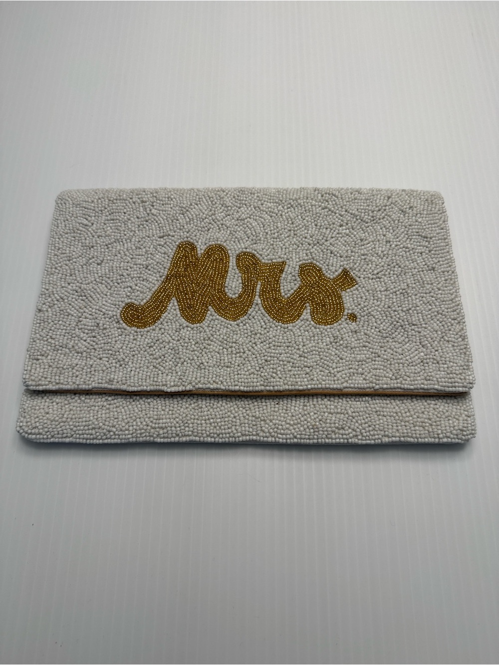 Beaded Wedding 'Mrs.' Clutch in Ivory with Gold Script